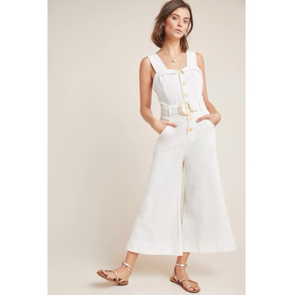 Anthropologie Cape Cod Cream Belted Wide Leg Cropped Line Blend Jumpsuit Size 8